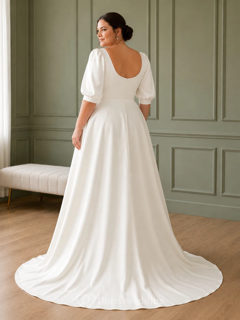 Robe de mariée en satin à col rond et manches bouffantes courtes, grande taille, abordable view 2