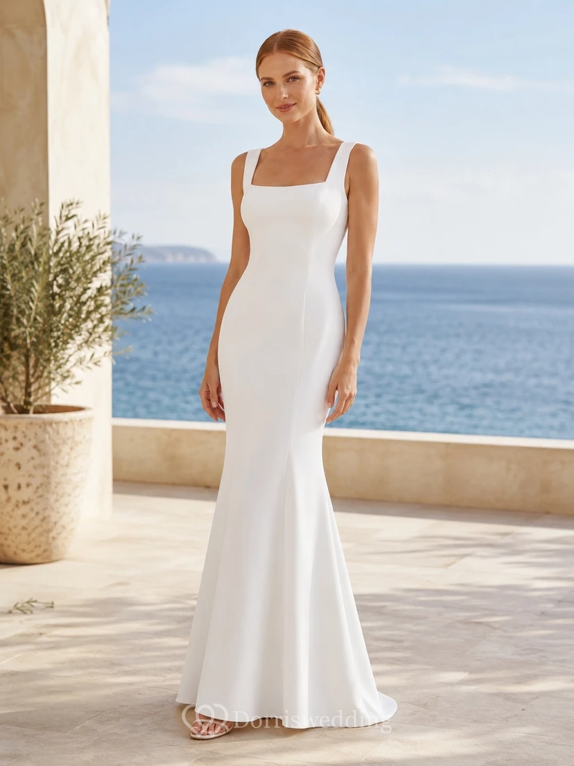 Ärmelloses, minimalistisches Brautkleid aus Satin mit eckigem Ausschnitt, drapiertem, tiefem Rückenausschnitt und bodenlangem Schnitt