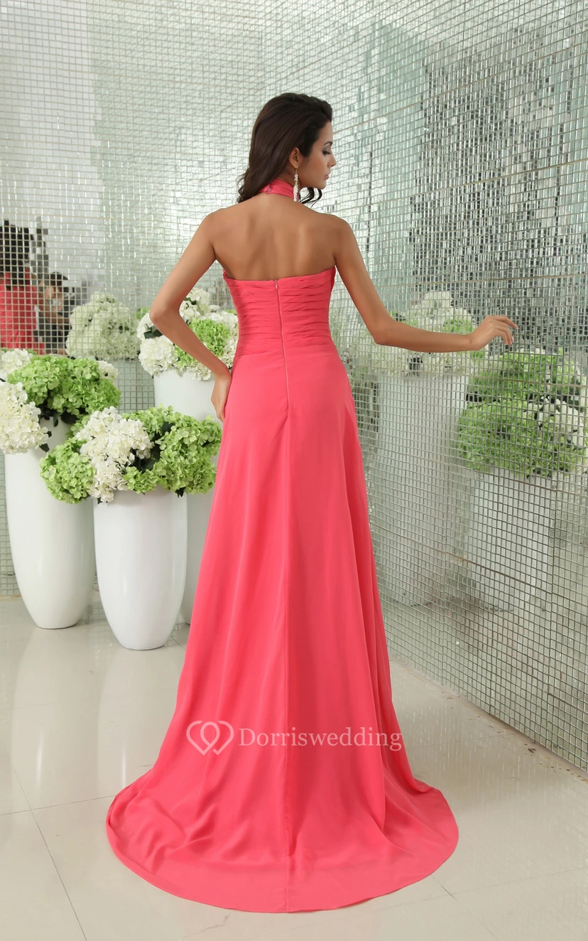 Modest Floral High Neck Chiffon Gown With Pleats view 6