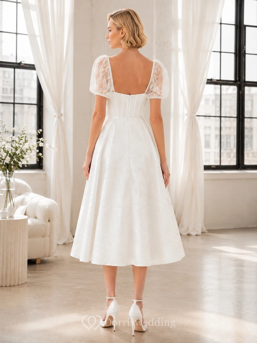 Romantic Puff Sleeve Taffeta A Line Tea Length Bridal Reception Wedding Dress view 2