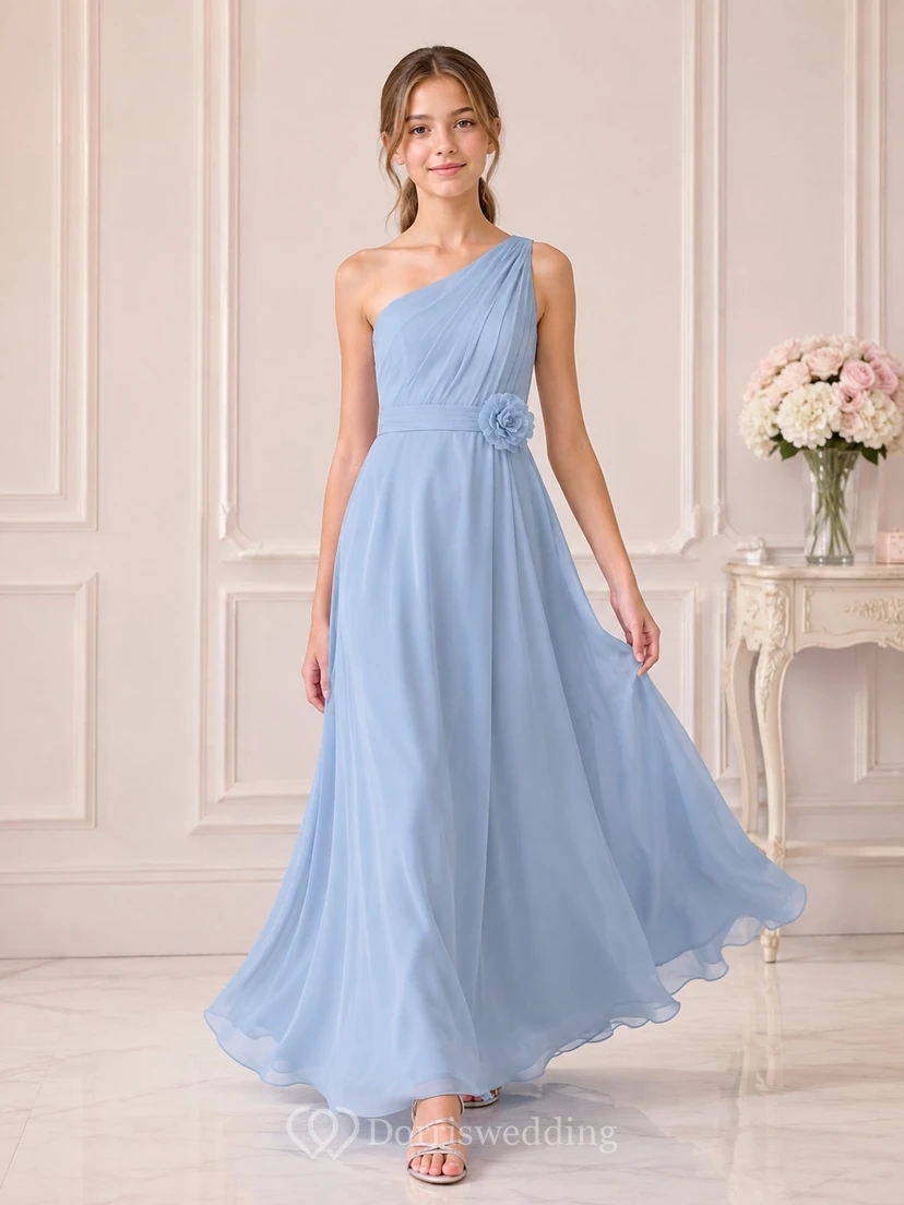 Brautjungfernkleid „Mist Junior“ – A-Linie, bodenlang, One-Shoulder, ärmellos, drapiertes Oberteil, romantisch