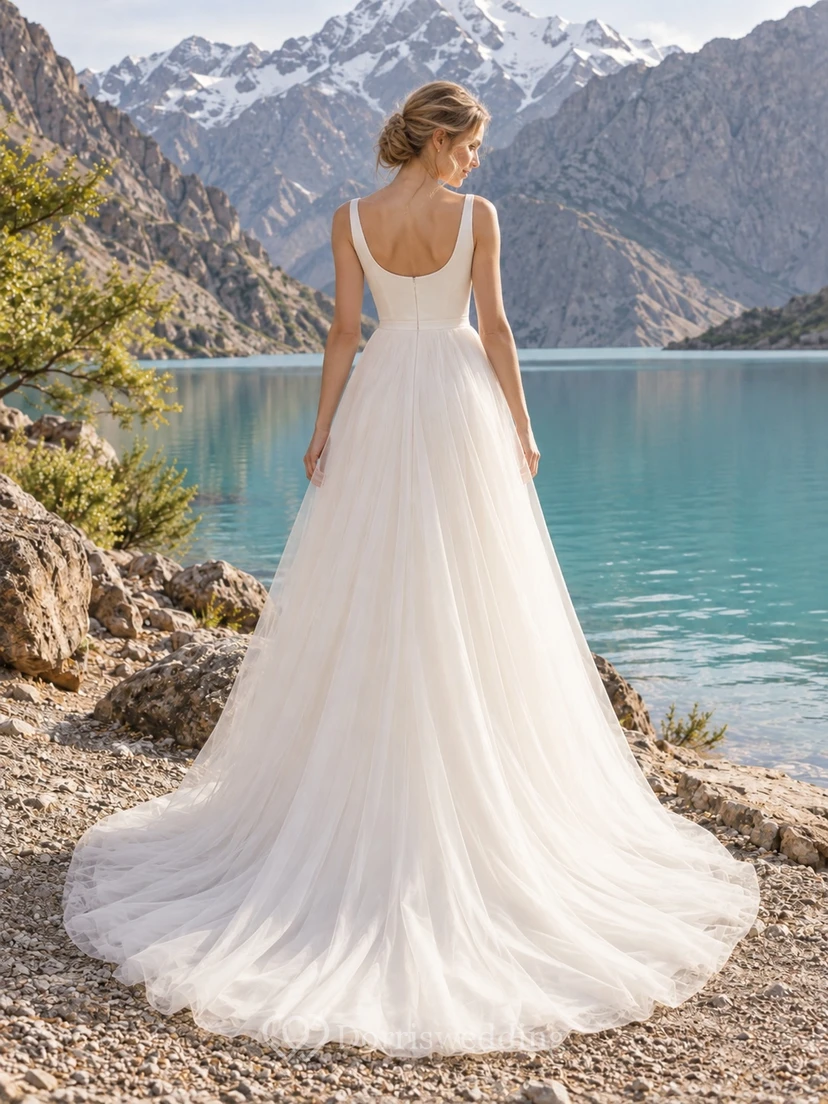 Vestido de novia sencillo sin mangas, con escote redondo y falda fluida de tul en línea A view 2