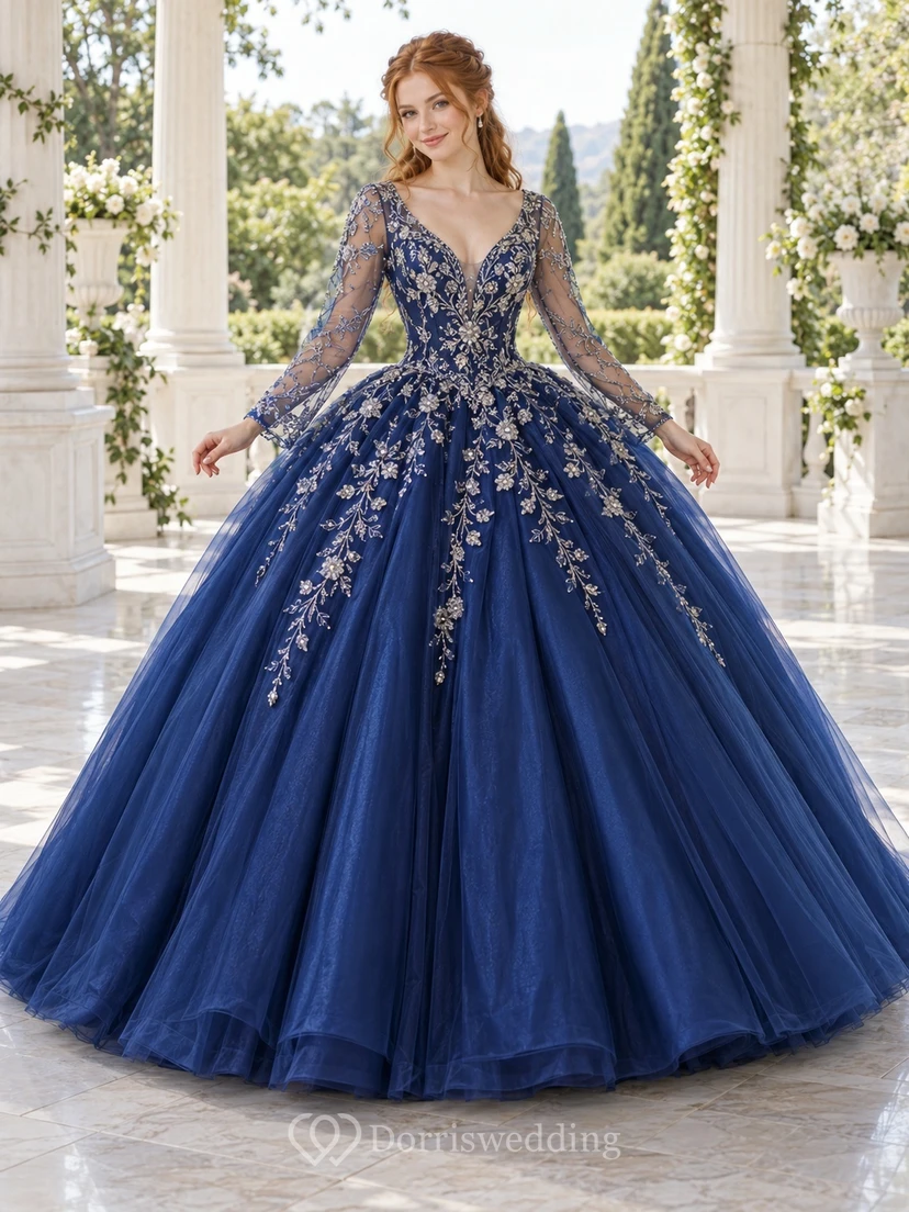 Vestido de quinceañera de tul bordado con cuello en V y mangas largas, color azul marino oscuro
