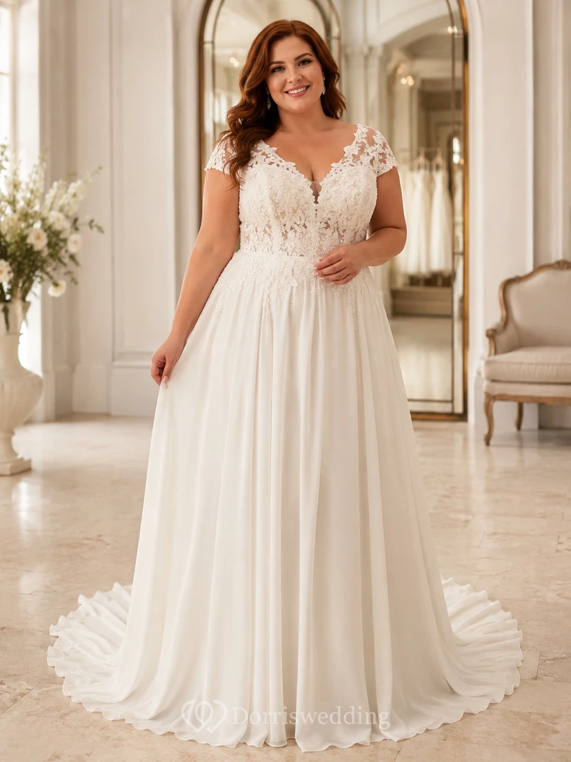 Romantisches, elegantes Brautkleid in Übergröße, bodenlang, mit V-Ausschnitt und kurzen Ärmeln