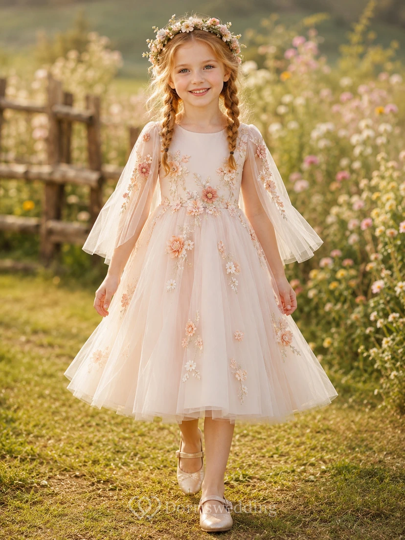 Champagne Floral Flower Girl Gown with Long Petal Drape Sleeves, Applique Tulle A-Line, Natural Waist, and Floor-Length Skirt
