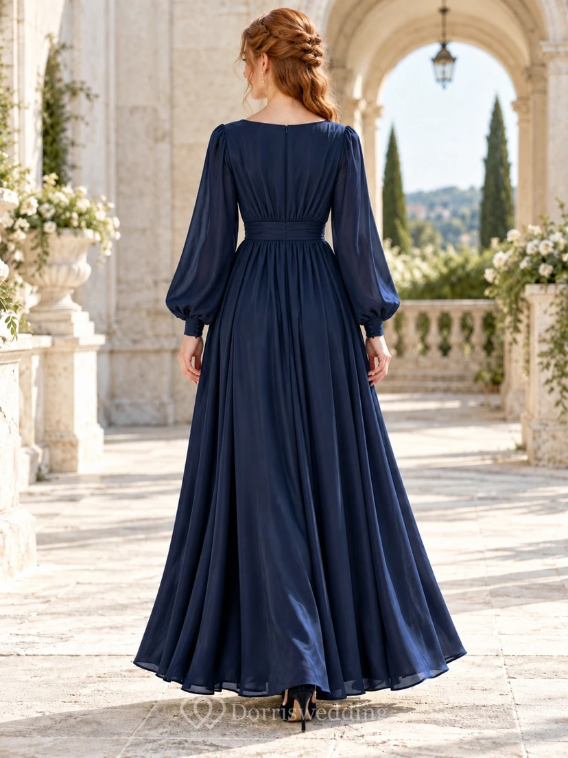 Robe de soirée vintage modeste bleu marine foncé à manches longues en mousseline froncée view 2