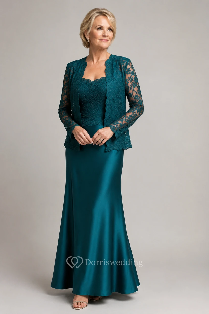 Robe de mère de la mariée violette en dentelle, manches longues, longueur au sol, avec veste view 6