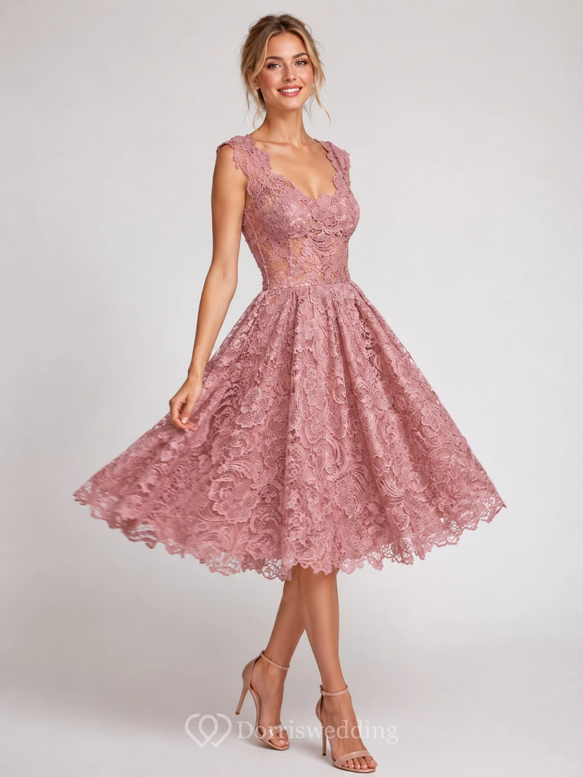 Cap Sleeve Scoop Neck A-line Knee Length Lace Dress view 3