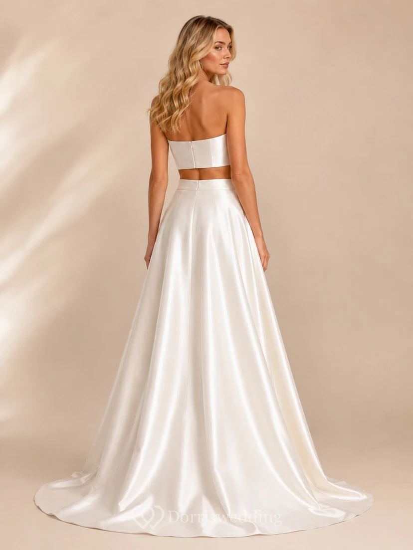 Strapless Satin Bandeau Crop Top A-Line Studio Bridal Set view 2