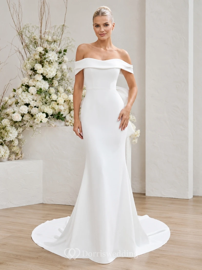 Modern Satin Mermaid Sweep Train Off-Shoulder Straps Wedding Dress