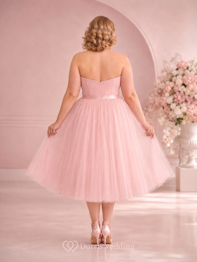 Blush Tulle Sweetheart Pleated Sleeveless Tea-Length Plus-Size A-Line Dress view 2