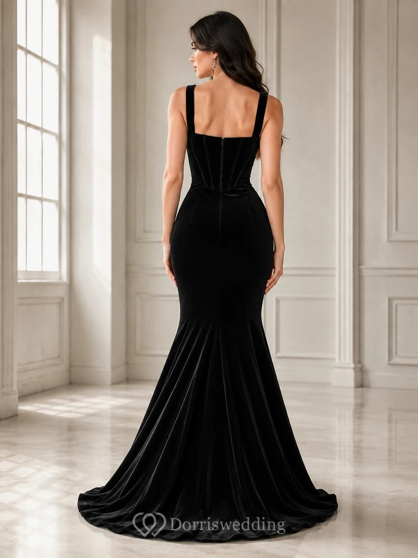 Black Square Neck Spaghetti Strap Corset Mermaid Gown view 2