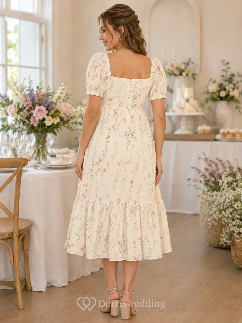 Robe midi à volants, col carré et manches bouffantes, imprimé floral ivoire, petite taille, maternité view 2