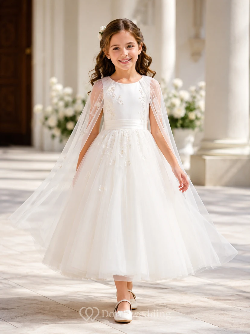 Vestido formal de ceremonia de Primera Comunión para niña de las flores con capa de tul blanco con cuentas