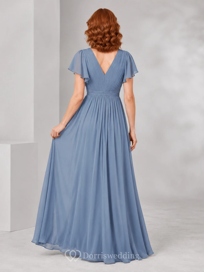 Stahlblaues Chiffon-Abendkleid mit V-Ausschnitt und flatternden Ärmeln view 2