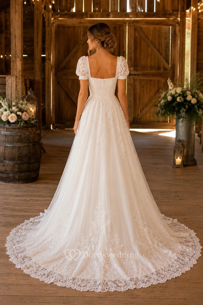Square Neck A-Line Lace Country Wedding Dress with Short Puff Sleeves view 2