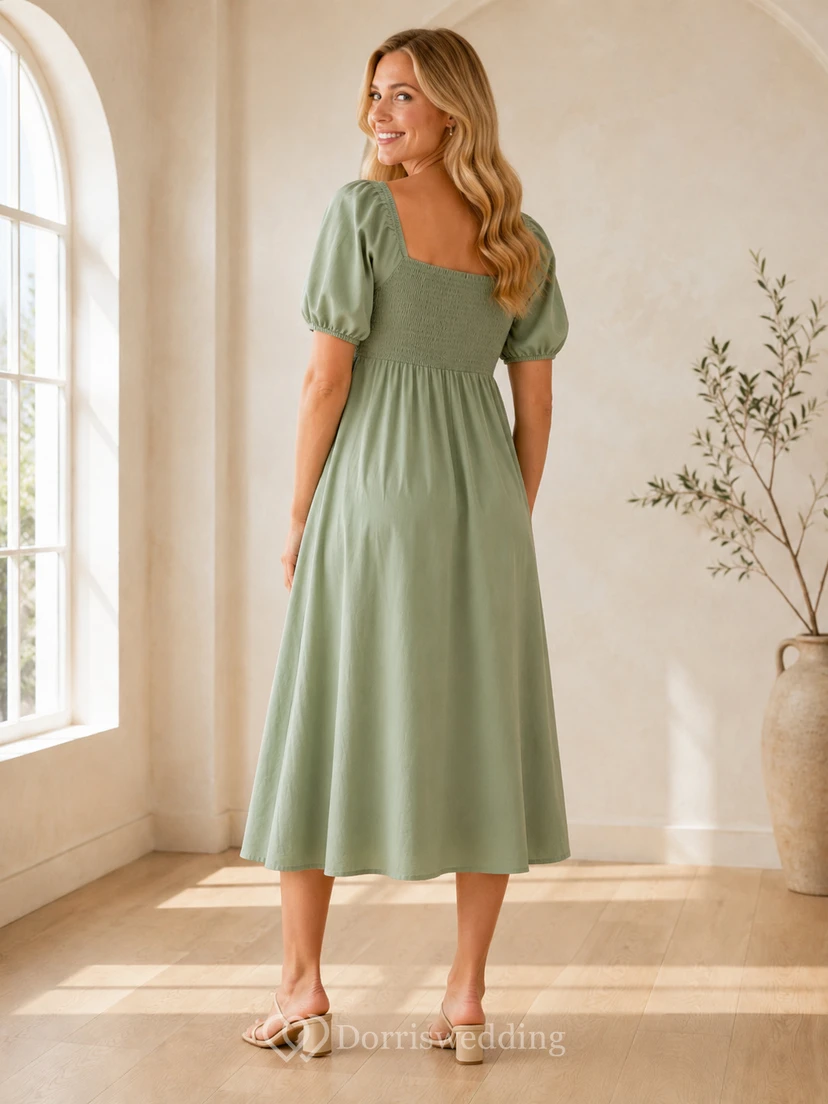 celadon Maternity Square Neck Puff Sleeve Empire Tea Length Garden Dress view 2
