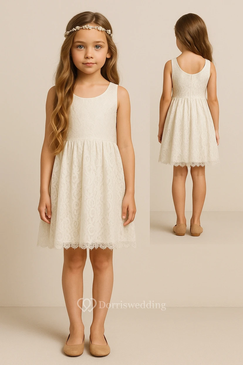 White Lace Sleeveless Scoop-neck Knee-length Flowergirl Dress