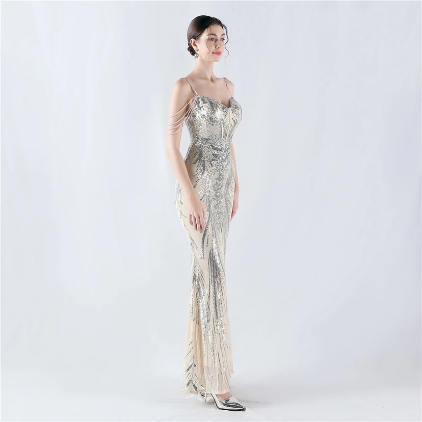 Waist-Reduced Fishbone Shaping Positioning Flower Sequined Anchor Sexy Beaded Suspender Evening Dress view 4