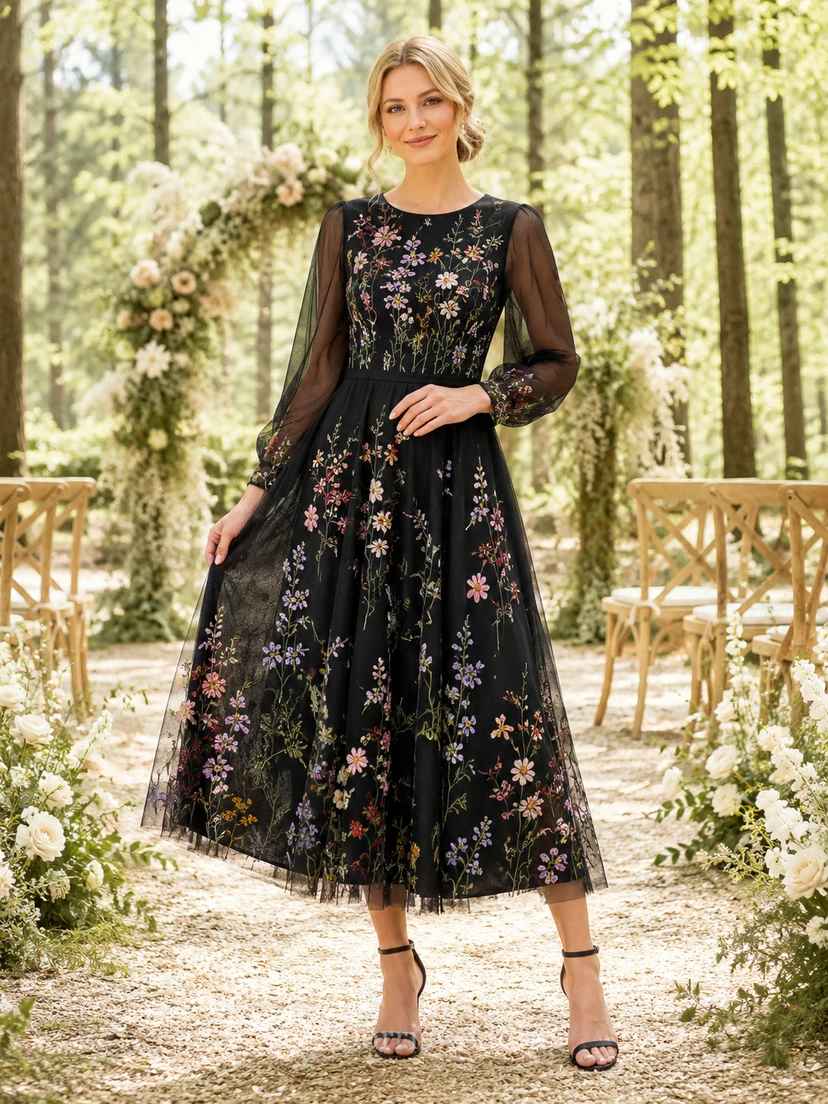 Vestido de invitada negro de manga larga con tul bordado floral y cuello joya