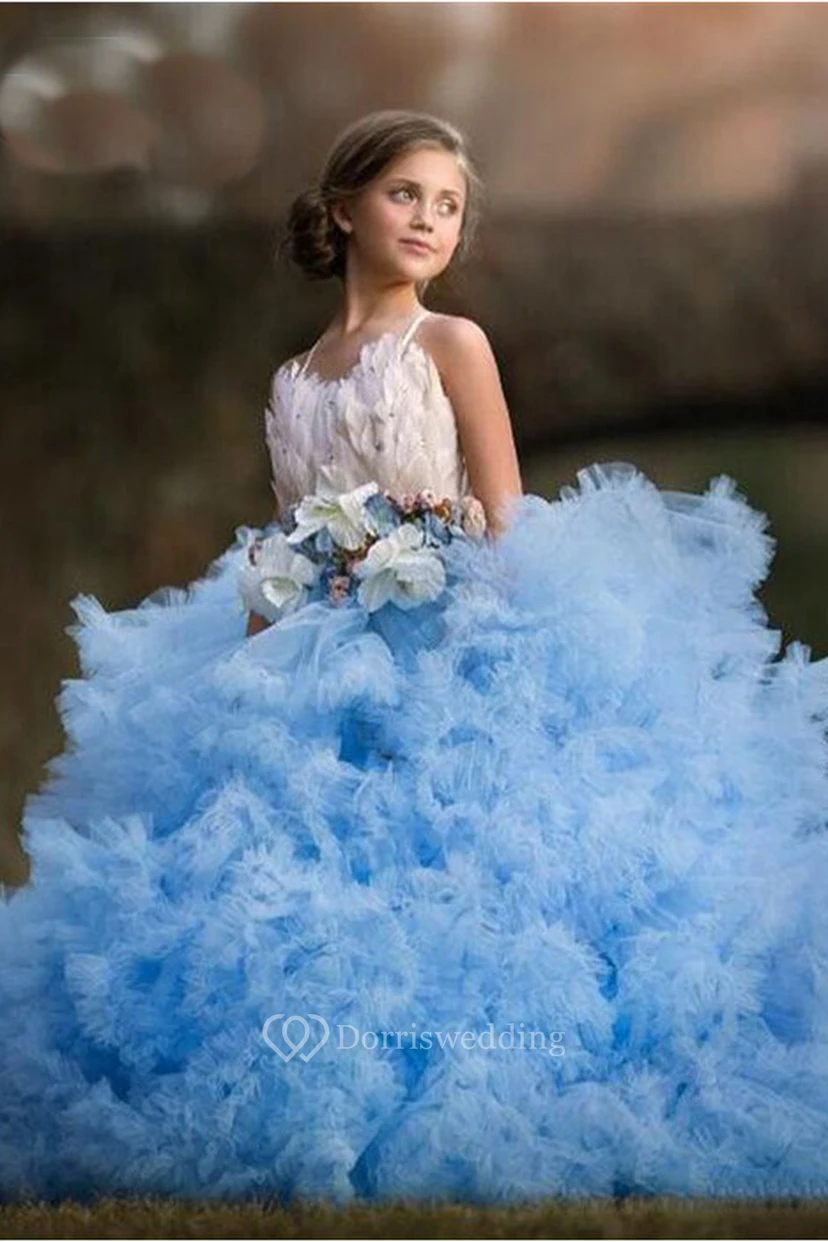 Tulle Spaghetti Cross Back Sash Bow Ball Gown Flower Girl Bridal Dress