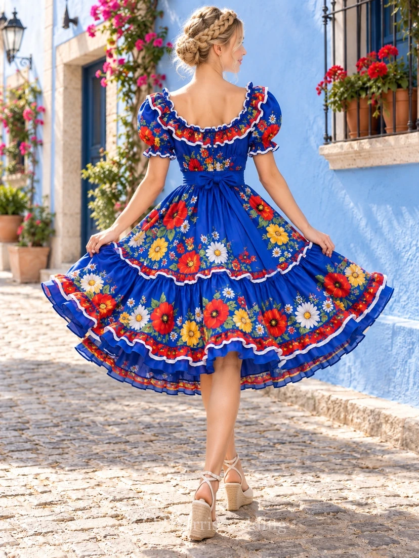 Royal Blue Scoop Neck Floral Puff Sleeve Ruffled Folk Dress view 2