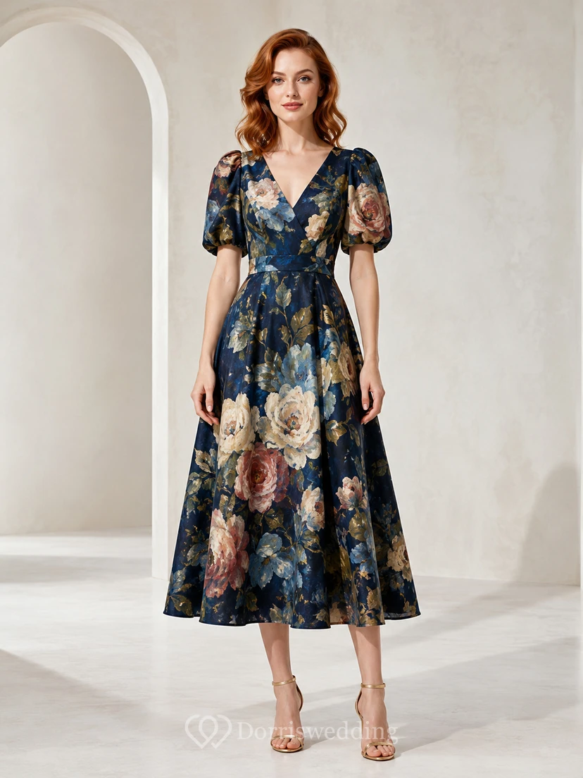 Vestido midi de invitada con mangas abullonadas y estampado floral de pintura al óleo negra