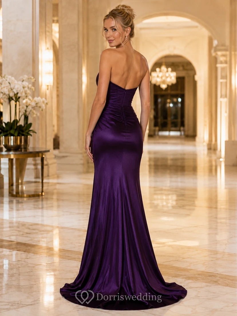 Dark Purple Satin Strapless Ruched Mermaid Floor-length Split Evening Dress view 2