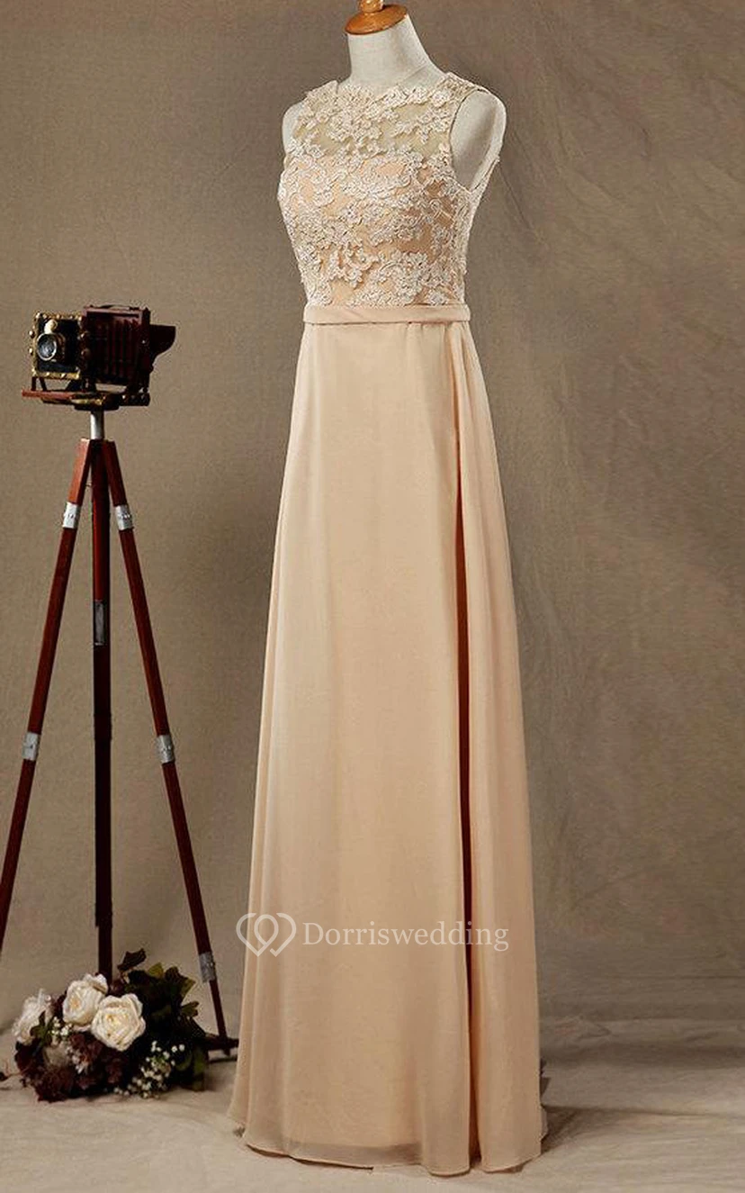 Illusion Lace Bateau Sleeveless A-line Chiffon Long Dress With Open Back view 3
