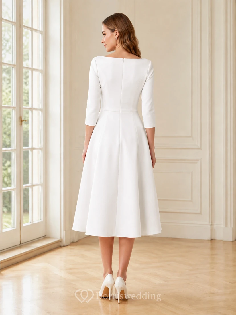 Salon Composure White A-Line Tea-Length Bateau Three-Quarter-Sleeve Satin Modest Cocktail Dress view 2