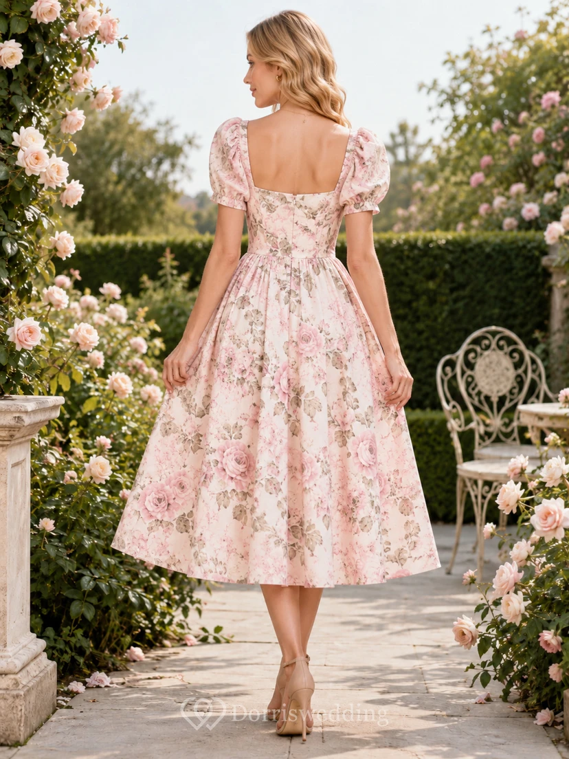 Pink floral sweetheart puff sleeve botanical tea dress view 2