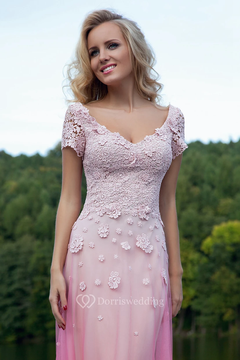 Sheath Appliqued V-Neck Short-Sleeve Maxi Prom Dress With Flower view 2