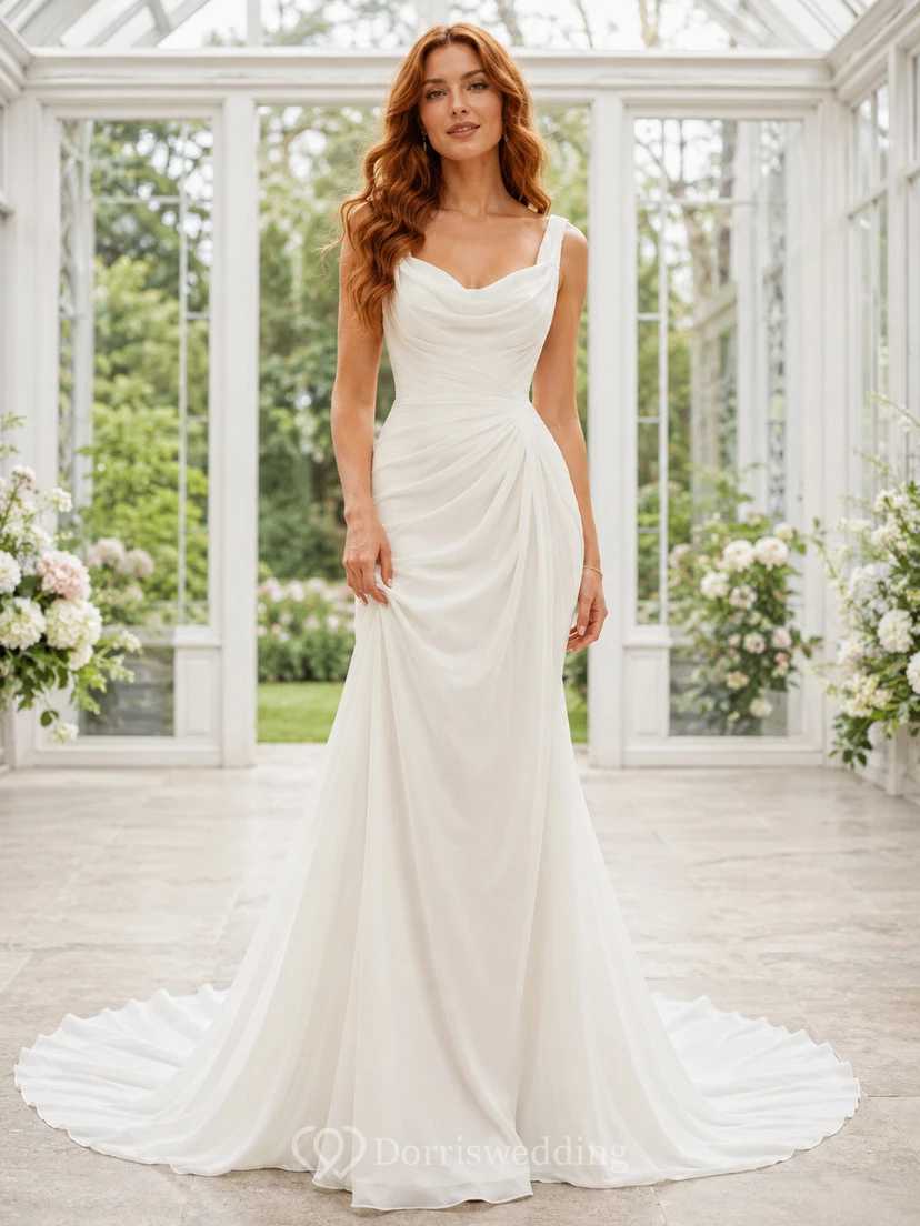 Robe de mariée minimaliste en satin, coupe sirène, col bénitier, sans manches, traîne.
