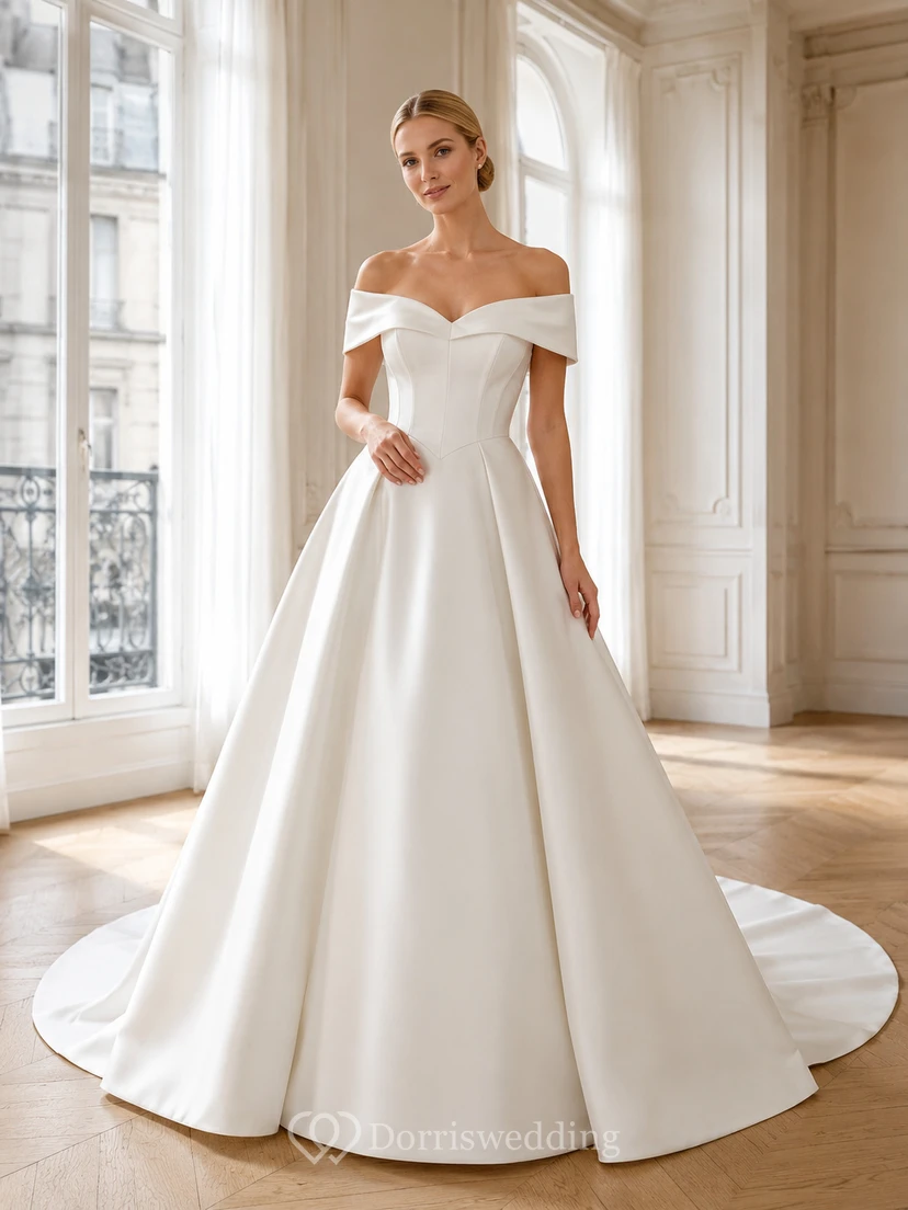Modernes, schulterfreies, kurzes Ballkleid aus Satin mit Kapellenfalten im klassischen Landhausstil