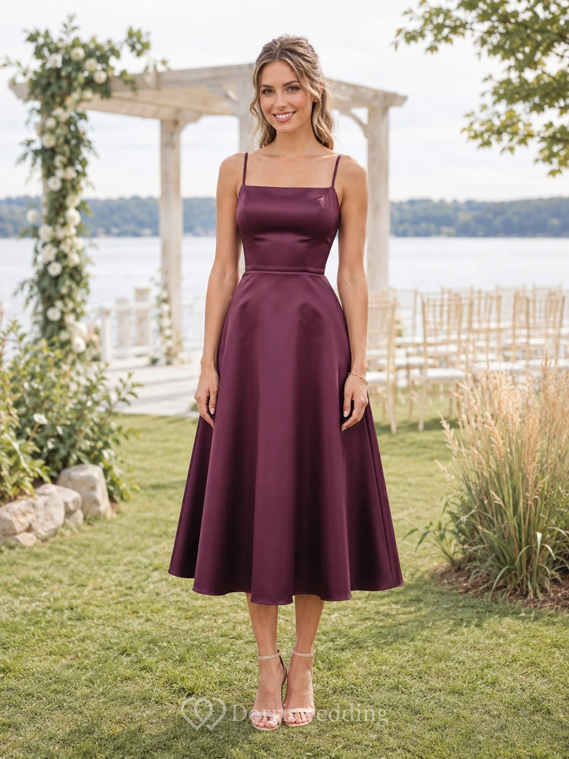 Plum Square Neck Spaghetti Satin Tea Length Guest Dress