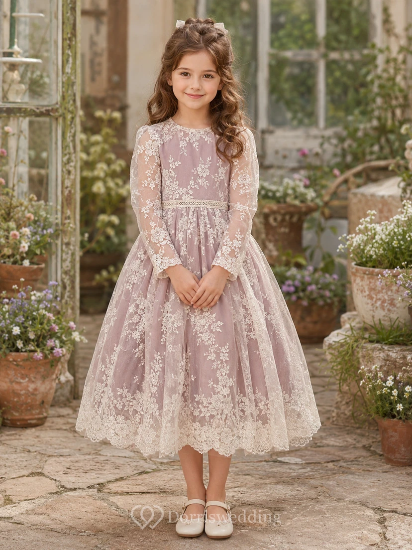 Blumenmädchenkleid, mauve, aus Spitze und Tüll, A-Linie, lange Ärmel, Rundhalsausschnitt, Teelänge