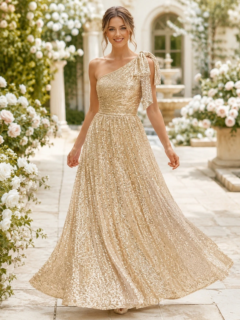 Gold Sequin One-Shoulder Sleeveless A-Line Floor-length Formal Gown