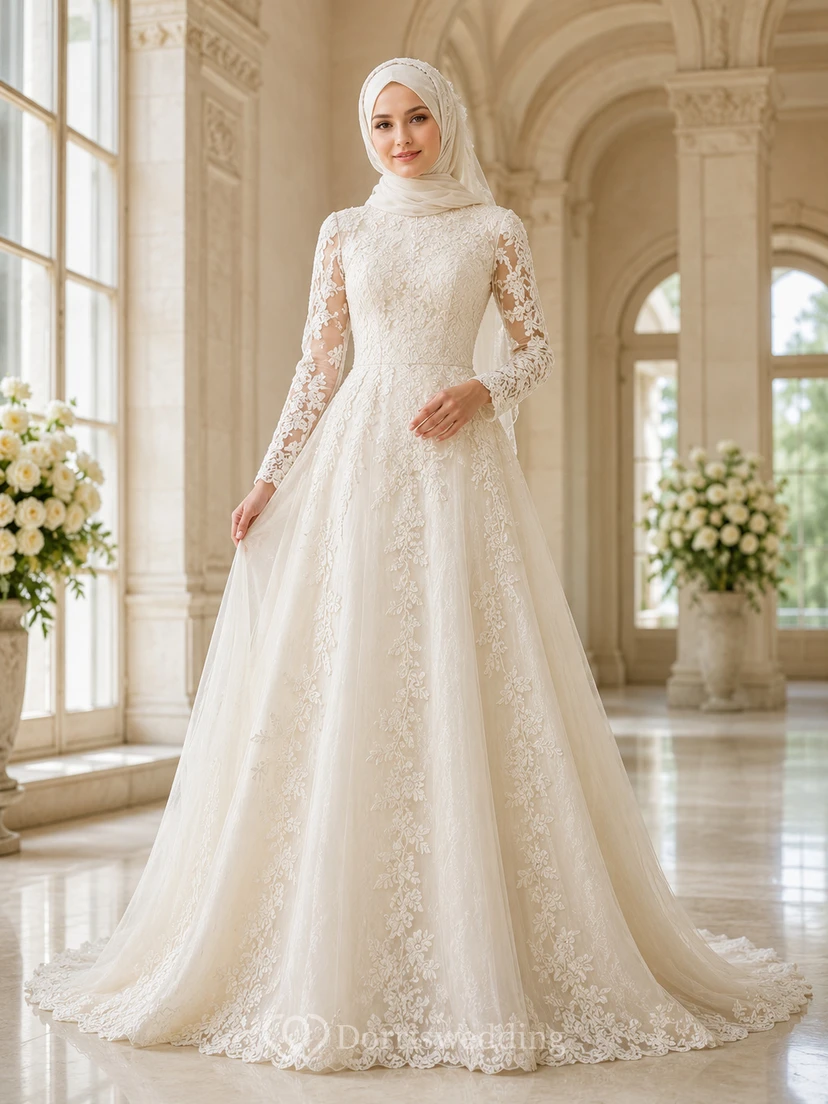 Vestido de novia musulmán de corte A con mangas de encaje ilusión y cuello alto