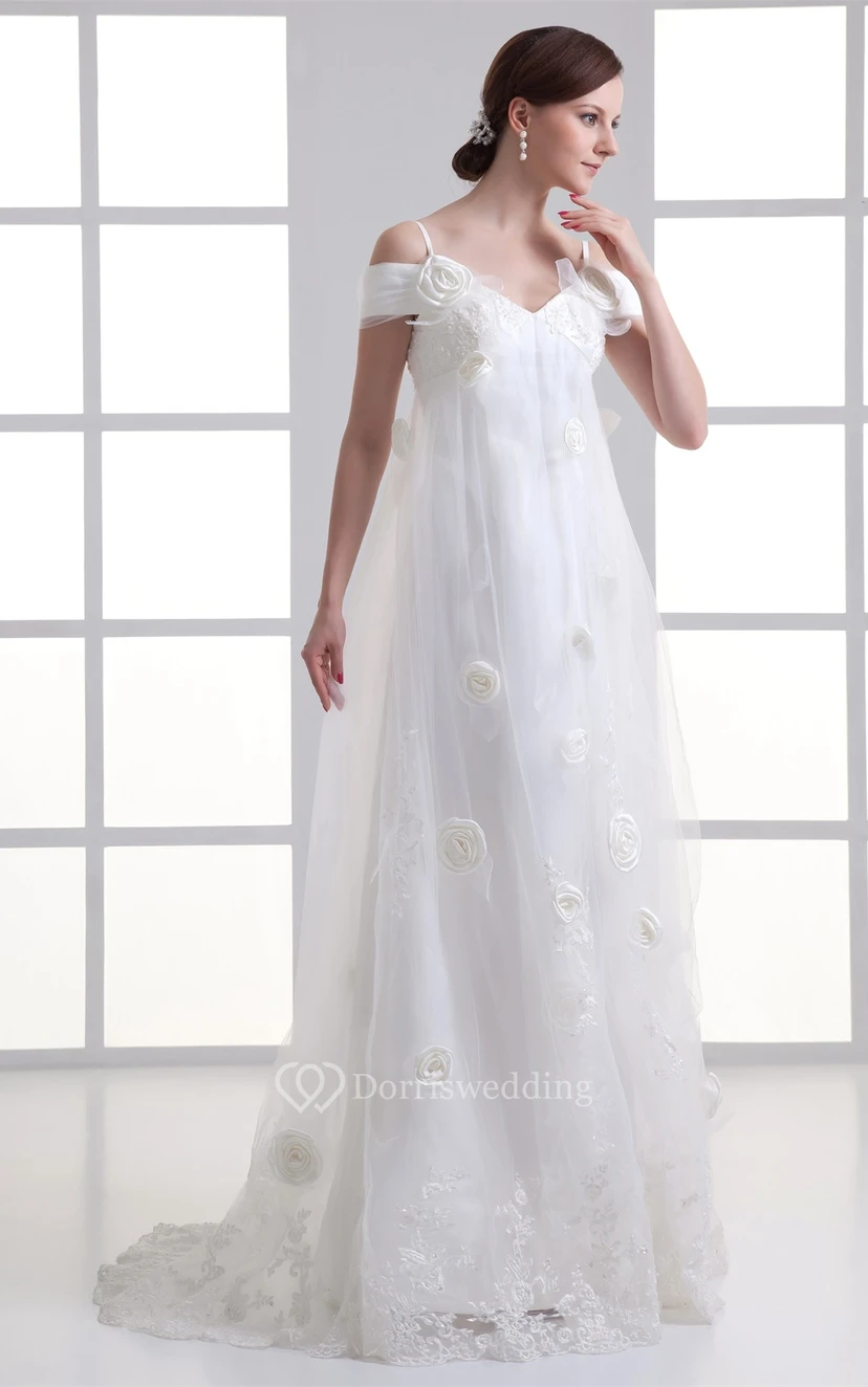 Glossy Sleeveless a Line Satin Off the Shoulder Wedding Dresses view 3