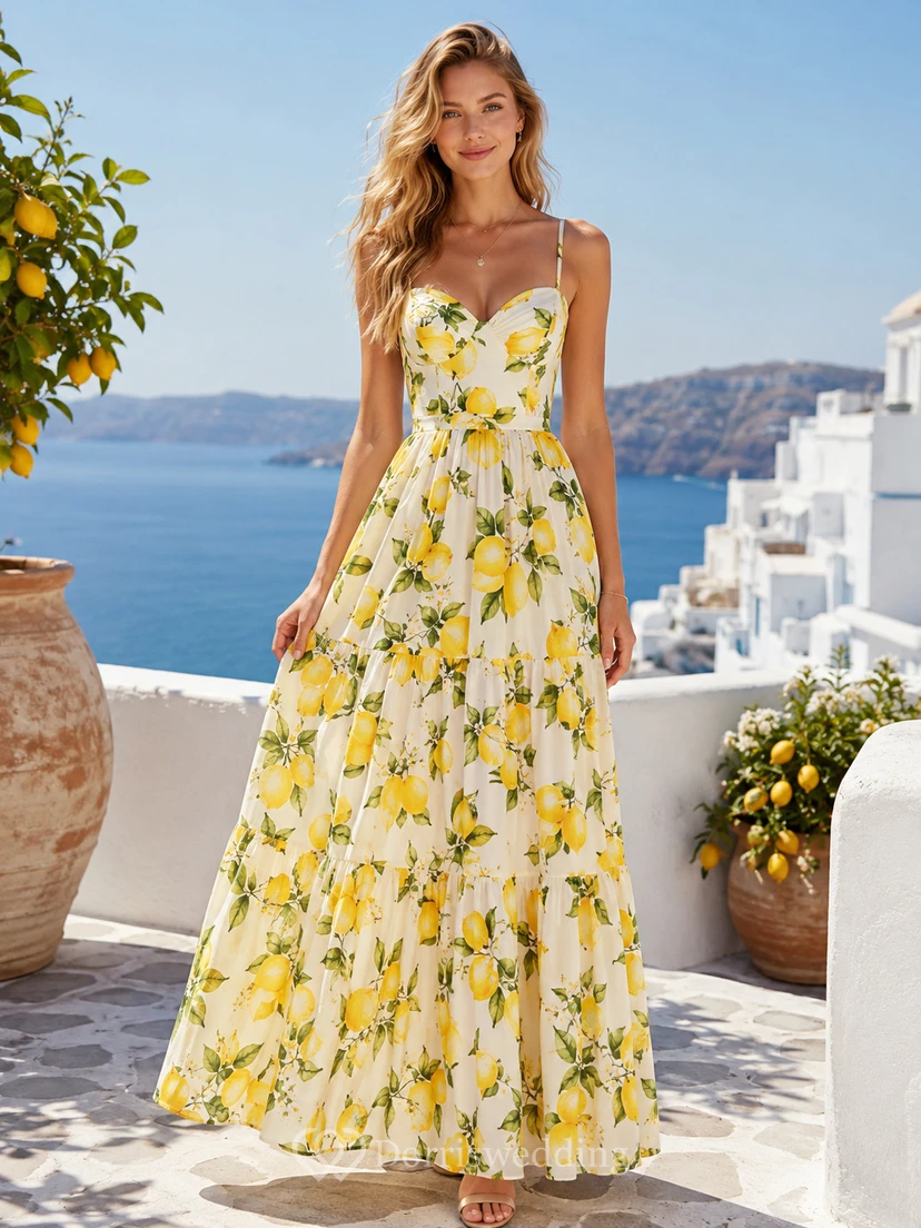 Lemon Print Spaghetti Strap Sweetheart Resort Maxi Dress
