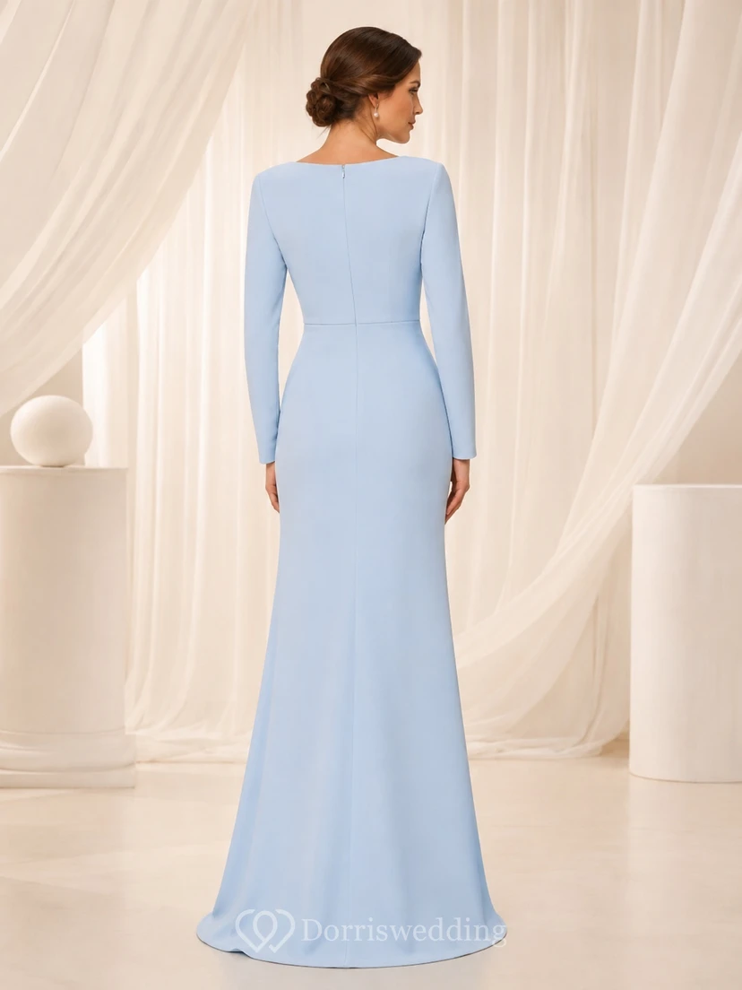 Modest Sky Blue Bateau Long Sleeve Crepe Mermaid Floor-Length Formal Gown view 2