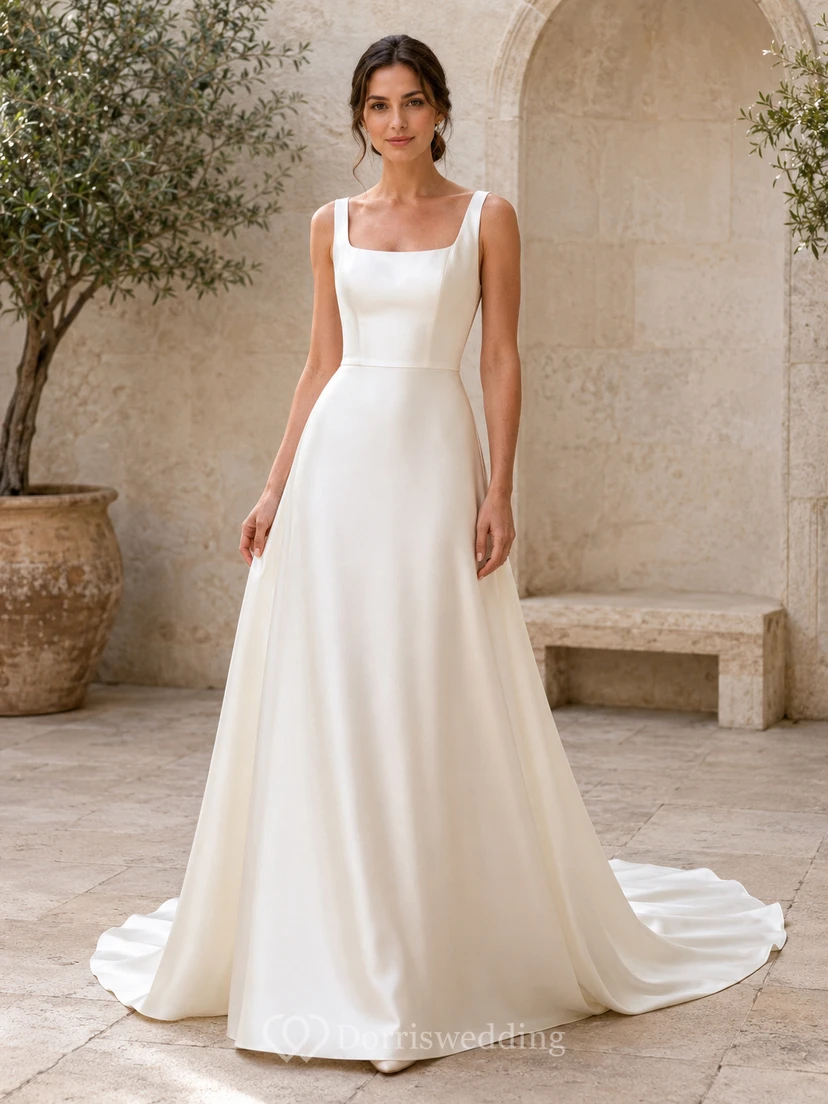 Vestido de novia de satén, corte A, sin tirantes, con cola larga.