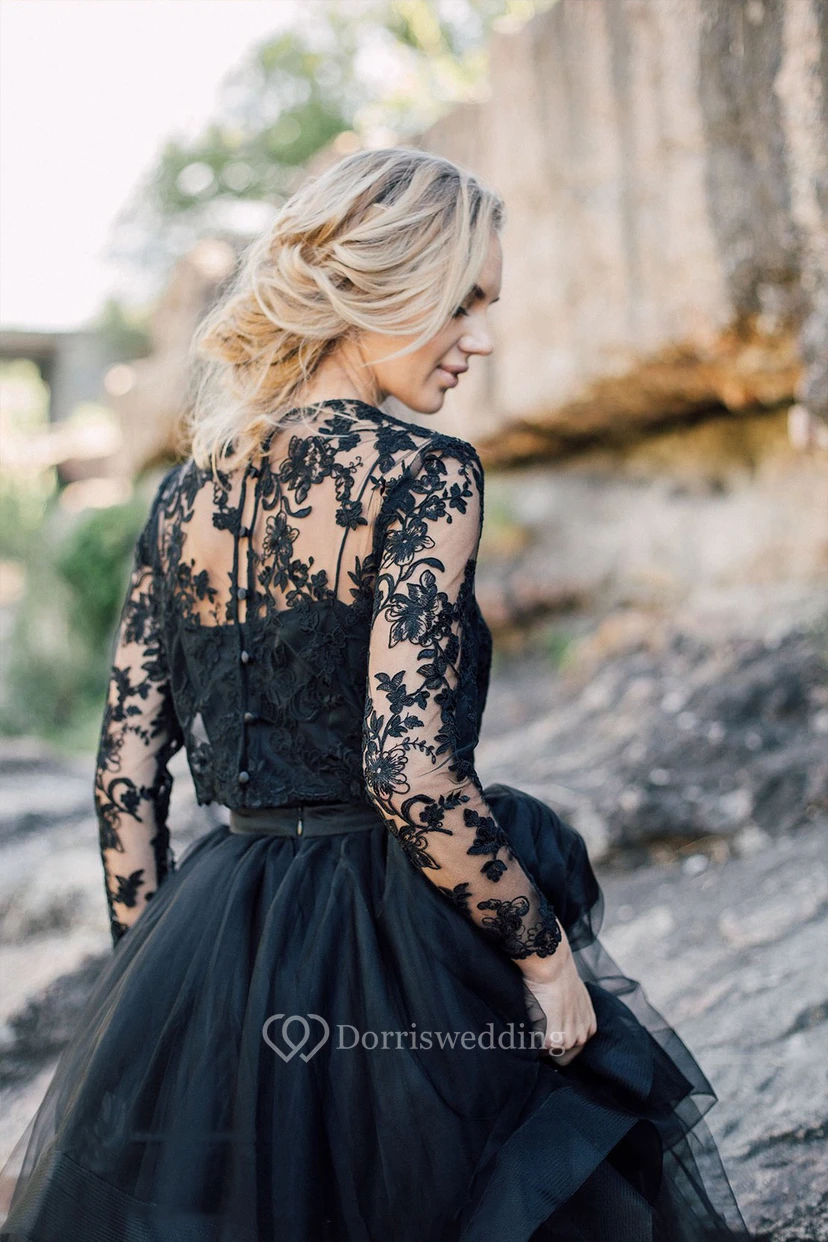 A-Line Black Tea Length Wedding Dress Scoop Long Sleeve Button Illusion Back With Appliques Lace Pleats Sash/Ribbon view 2