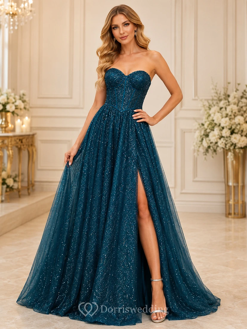 Peacock Strapless Sweetheart Glitter Tulle A-Line Floor Length Slit Prom Dress
