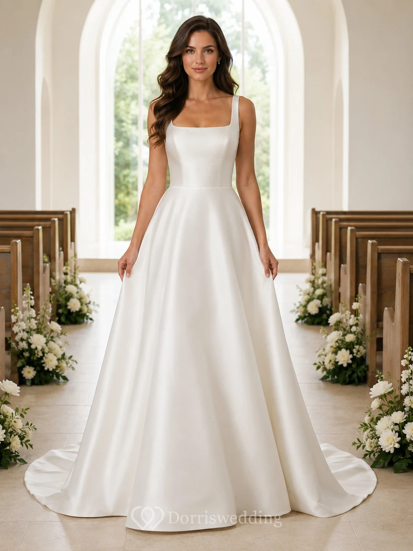 Modern Square Neck Satin A Line Chapel Bridal Gown