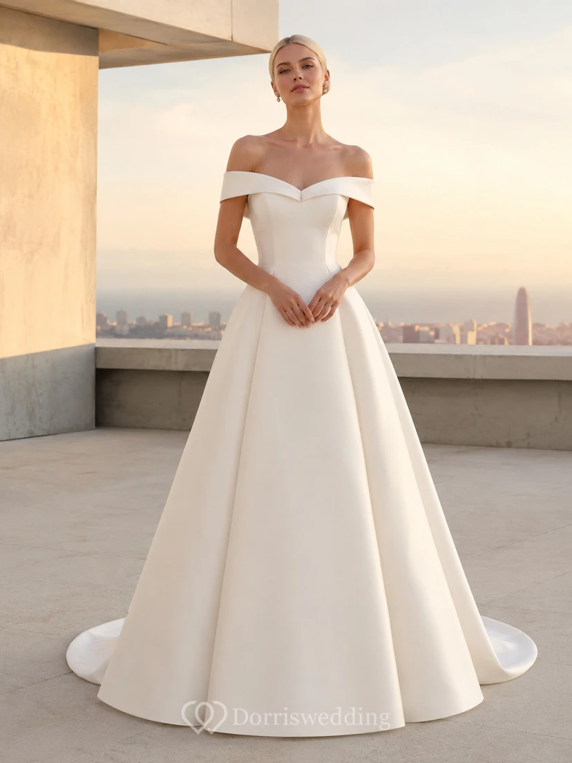Modern Minimalist Off-Shoulder Satin Ball Gown Elopement Dress