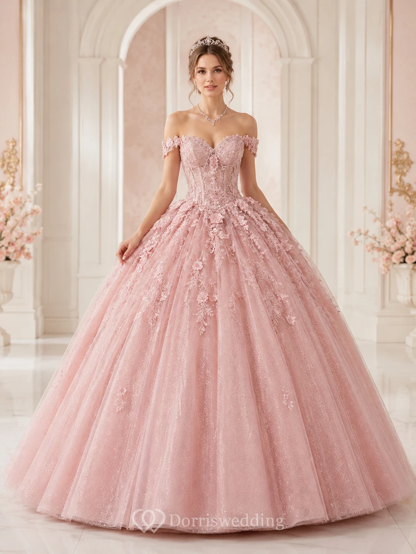 Lujoso vestido de fiesta largo hasta el suelo de encaje y tul con estampado floral rosa perla y escote corazón, ideal para quinceañeras.