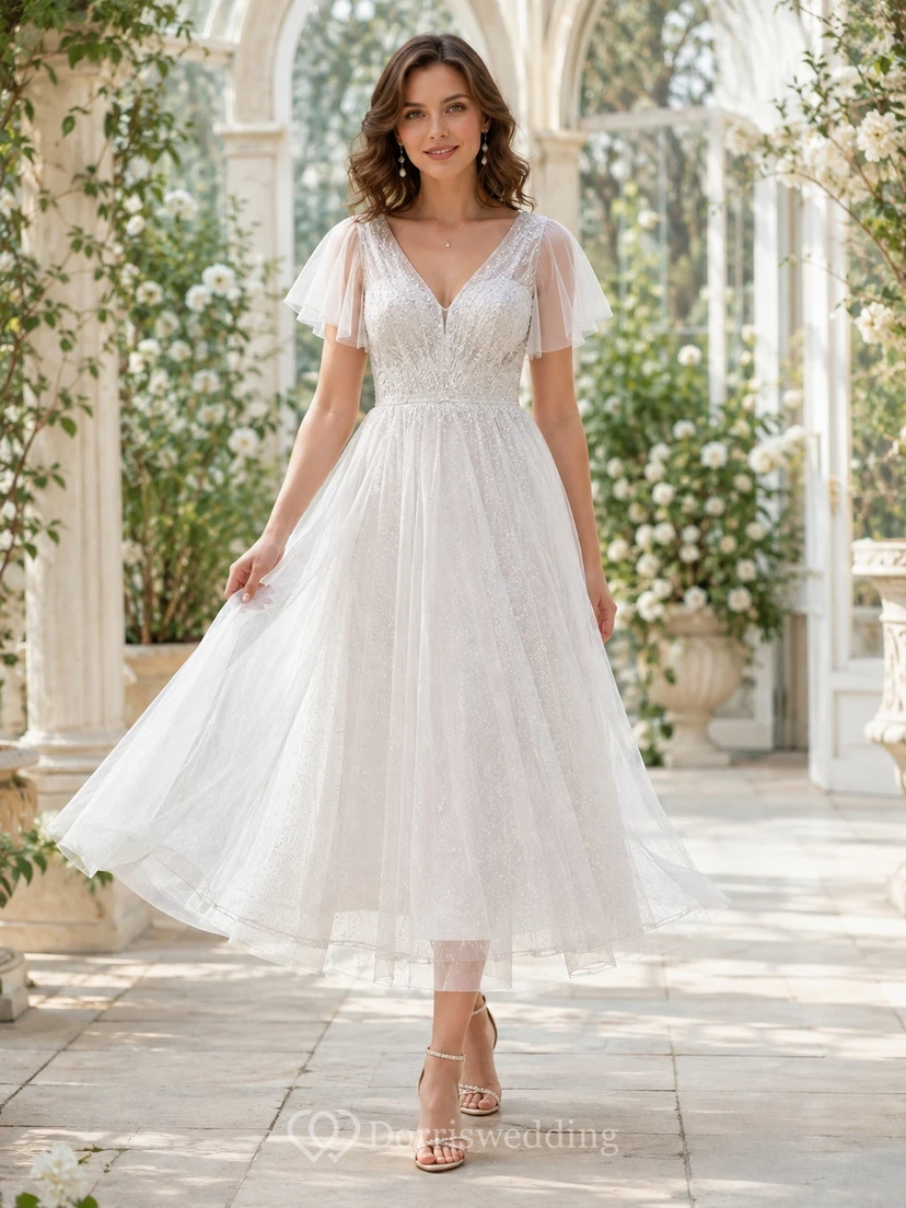 Vestido de cóctel romántico de tul con escote en V, mangas con volantes y corte en A, largo hasta la rodilla.
