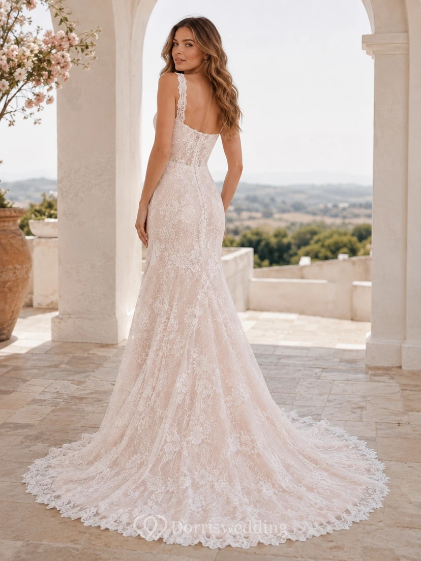 Etuikleid mit eckigem Ausschnitt, Spitze und Schleppe, Brautkleid für formelle Anlässe view 2