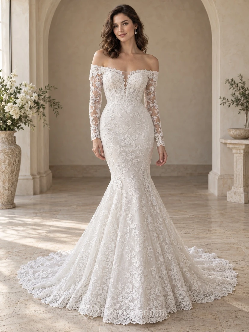 Vestido de novia de sirena de manga larga, hombros descubiertos, encaje floral, ajustado y con borde festoneado.